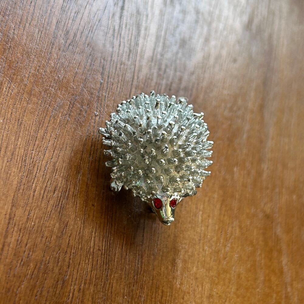 Vintage Silver Tone Hedgehog Brooch, Textured Spiky Porcupine Pin Animal Jewelry